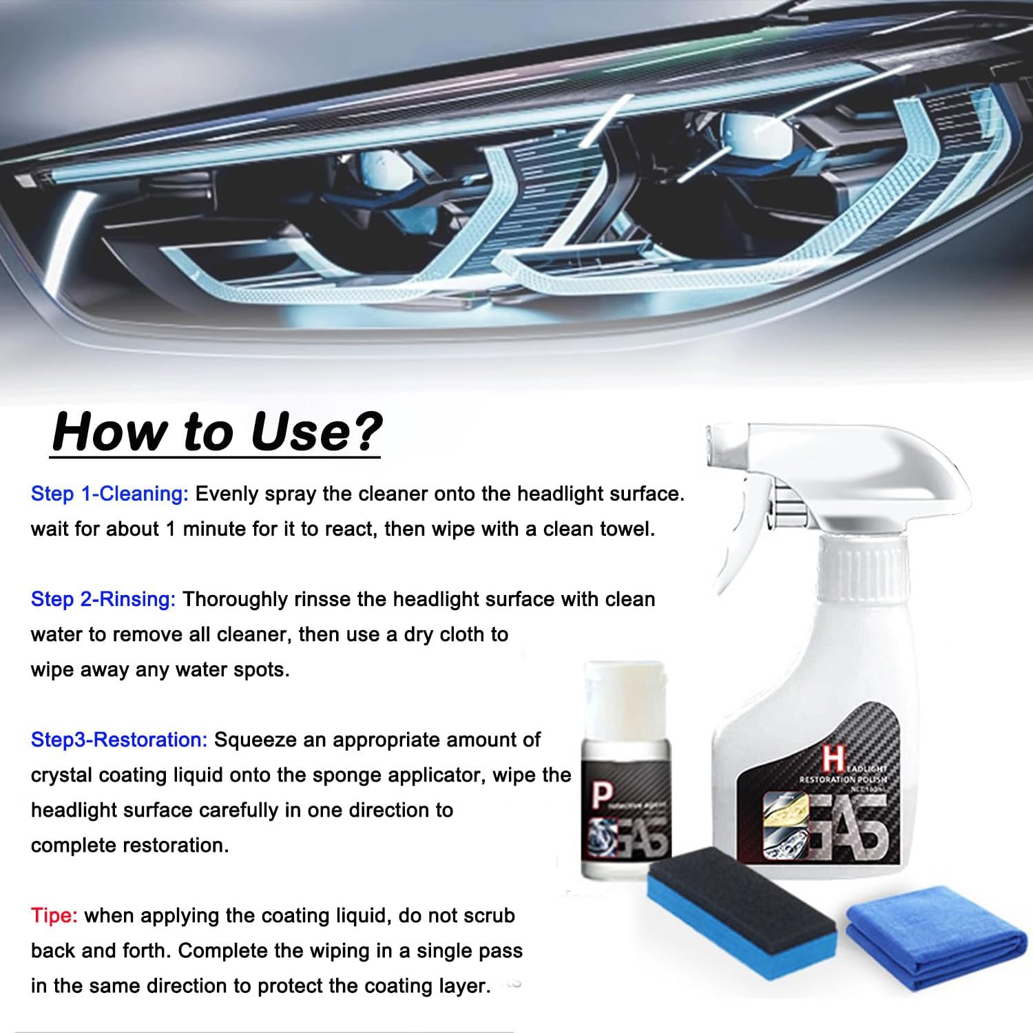 Provides step-by-step instructions on how to clean and restore car headlights using a specific product.