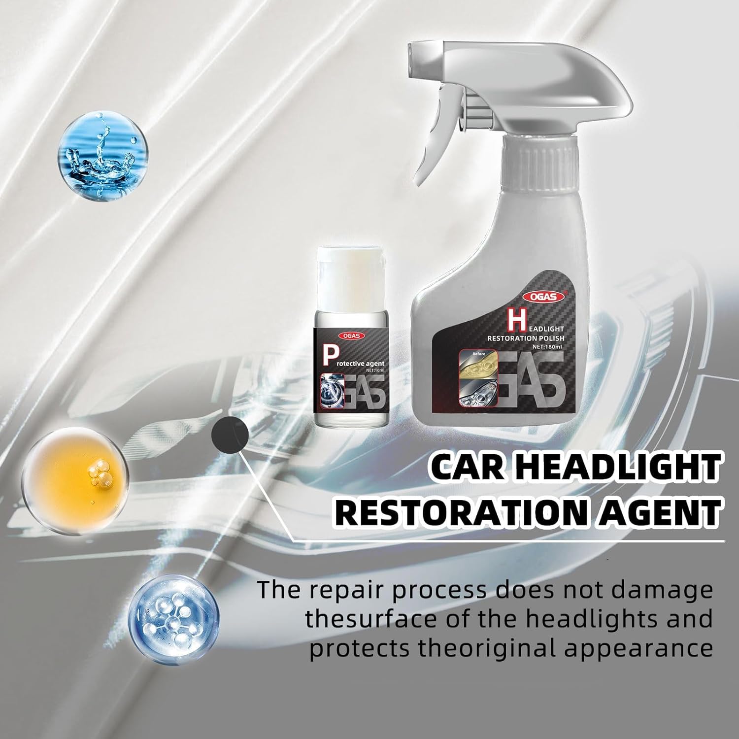 Showcases the product's ability to restore and protect car headlights, emphasizing its dual-action formula for cleaning and preserving.