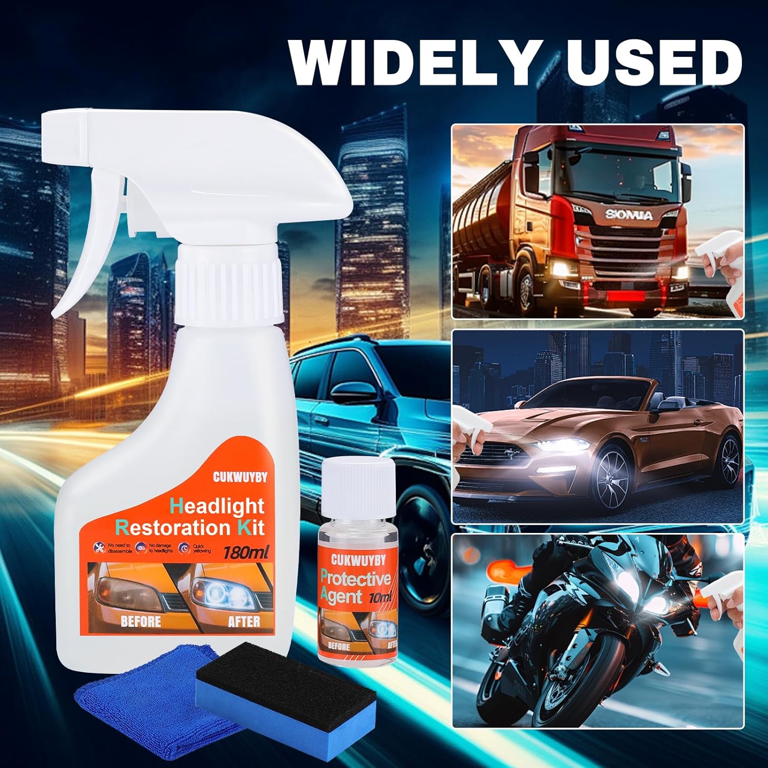 Demonstrates the wide range of vehicle types the headlight restoration kit can be used on, from cars to trucks to motorcycles.