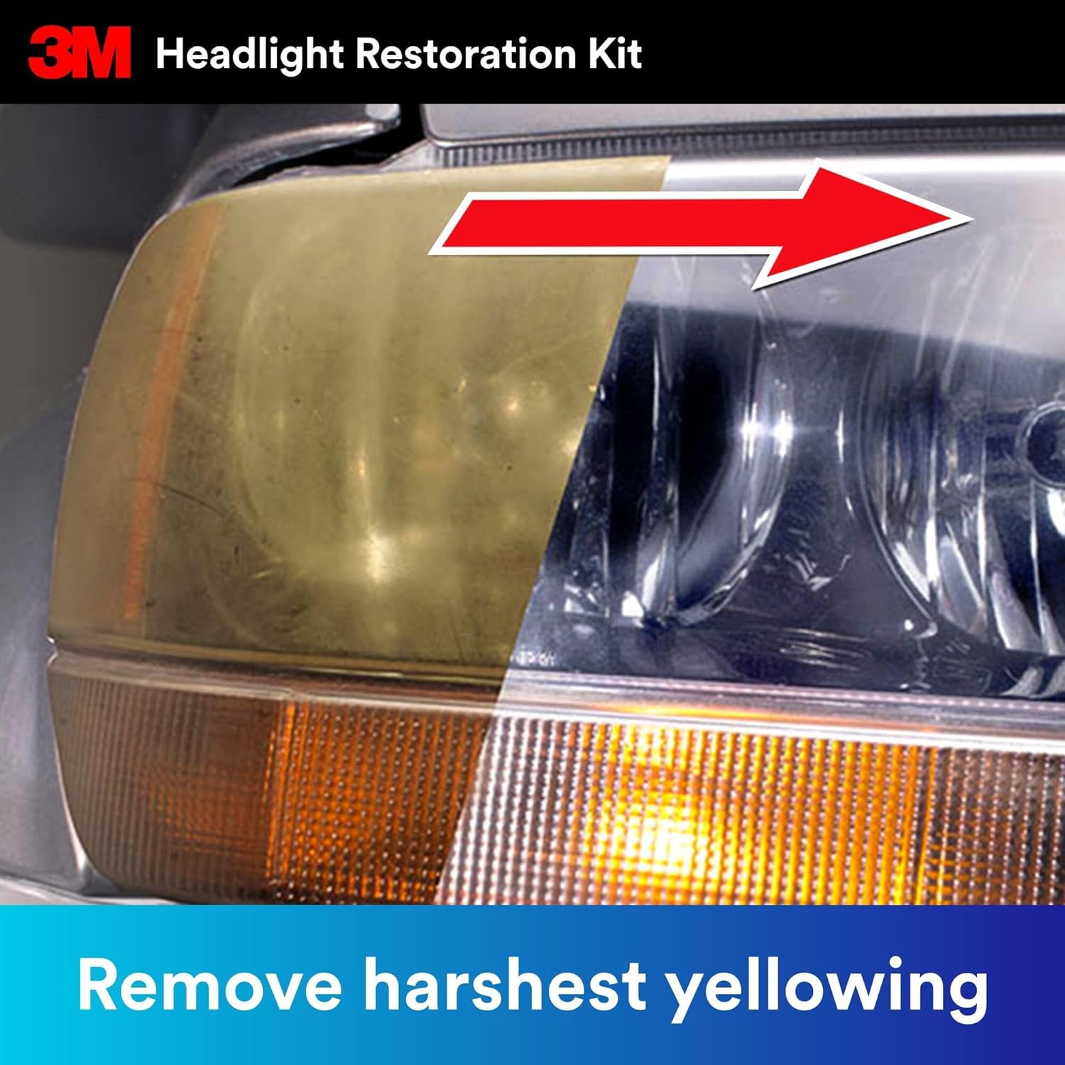 Demonstrates the effectiveness of the 3M Headlight Restoration Kit by showing a dramatic before and after comparison of a yellowed, foggy headlight versus a clear, restored one.