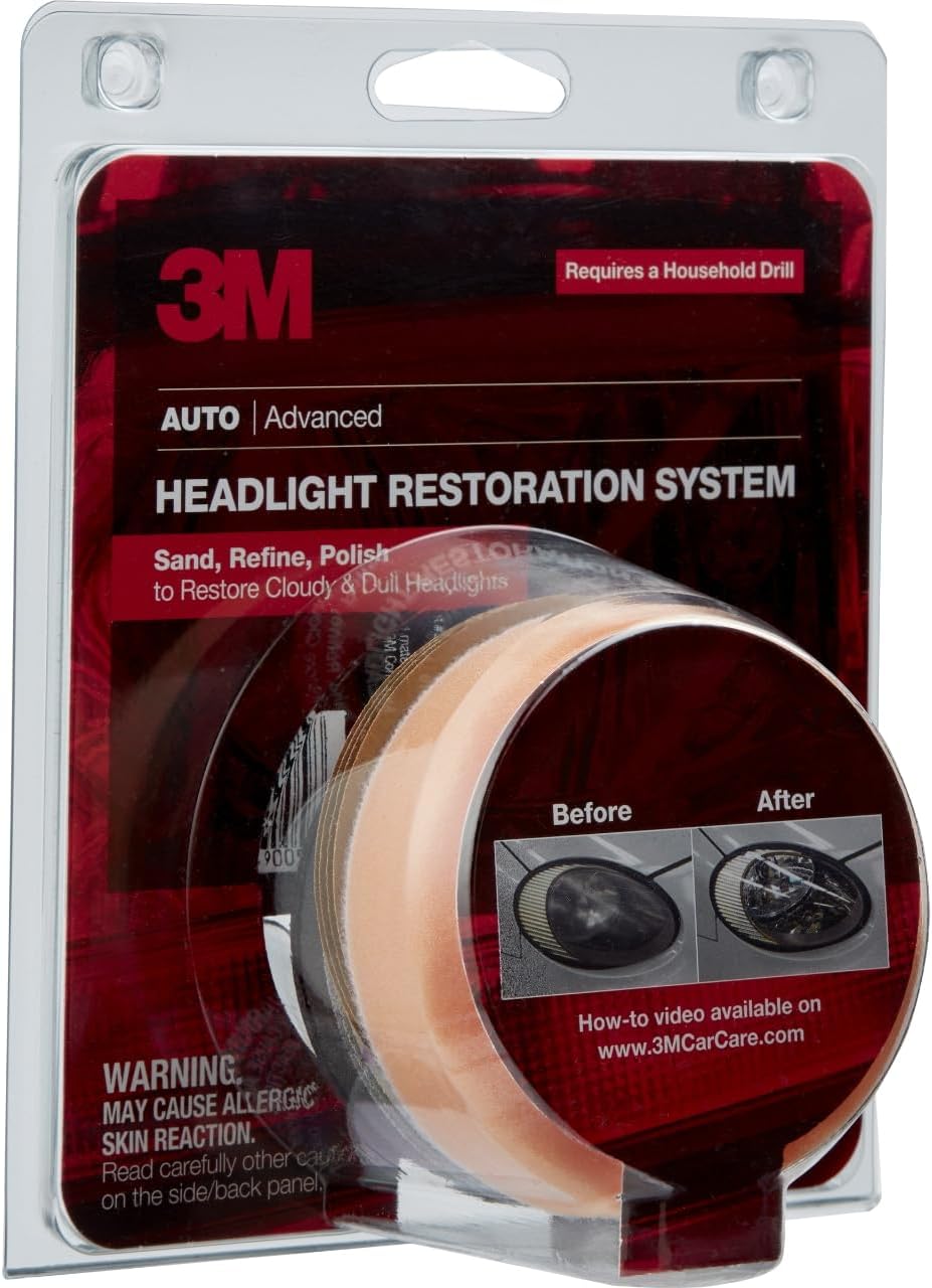 Demonstrates the effectiveness of the headlight restoration system by showing cloudy headlights before use and clear headlights after use.