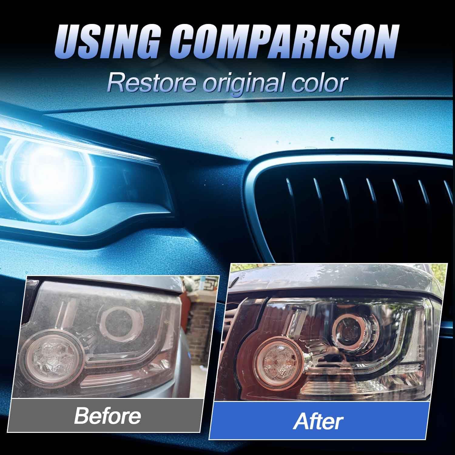 Demonstrates the effectiveness of the product in restoring faded headlights to their original clarity and brightness.