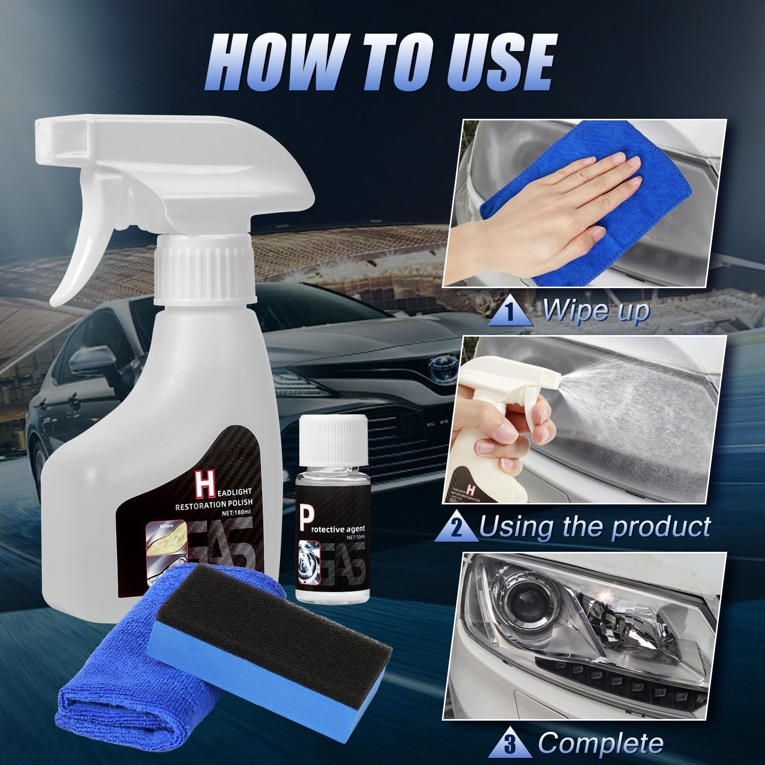 Demonstrates the step-by-step process of using the headlight restoration product, making it easy for customers to understand how to apply and use it effectively.