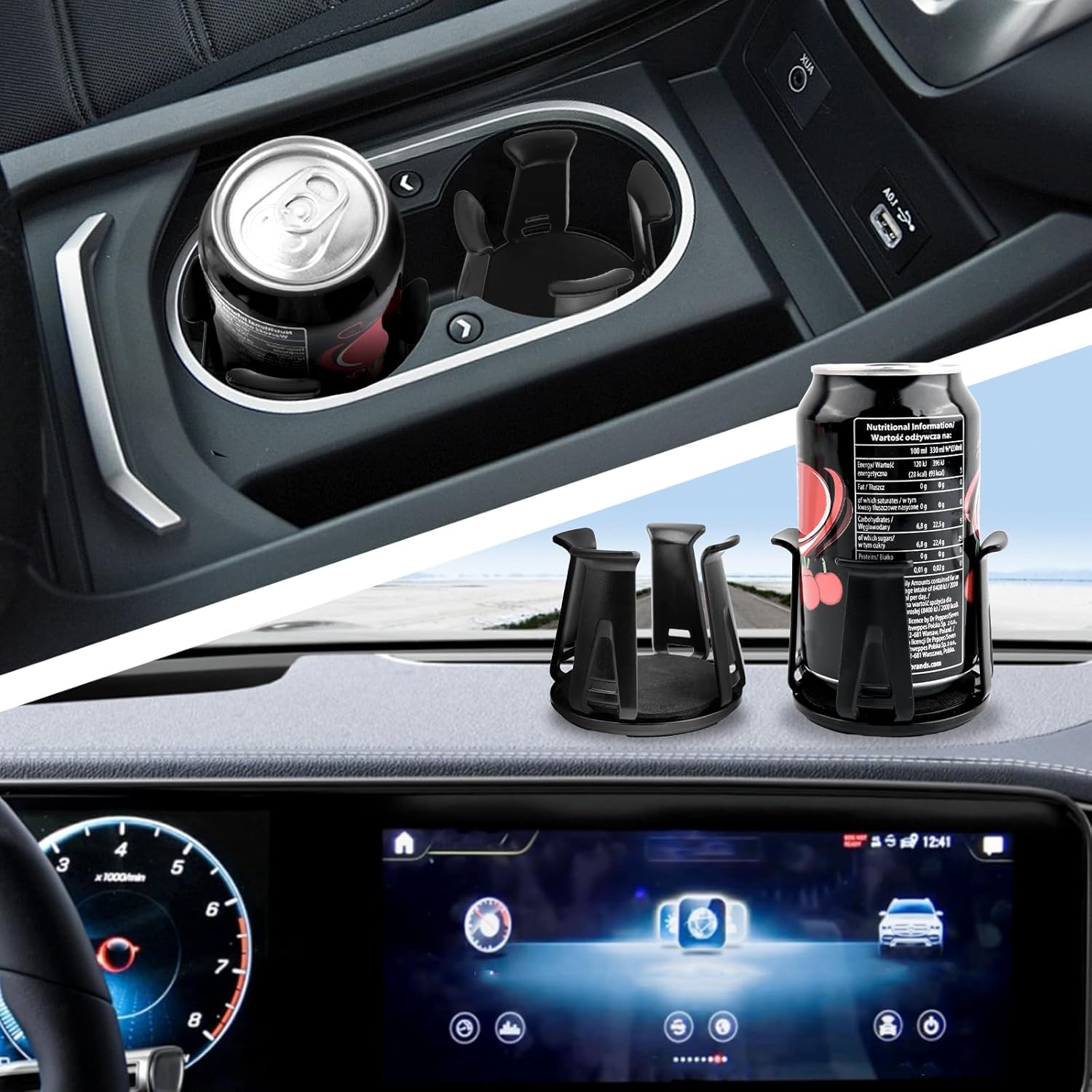 Highlights the product's ability to securely hold different sizes of beverage containers in a vehicle, improving convenience and safety while driving.