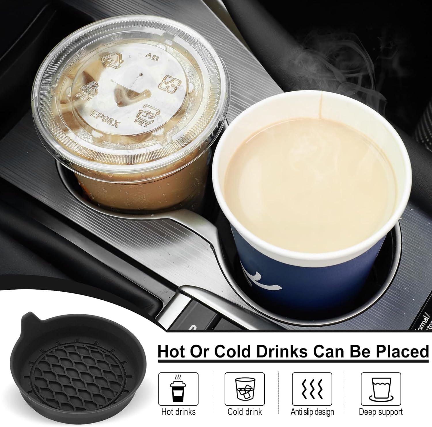 Demonstrates the product's ability to securely hold both hot and cold drinks of various sizes in a vehicle cup holder.