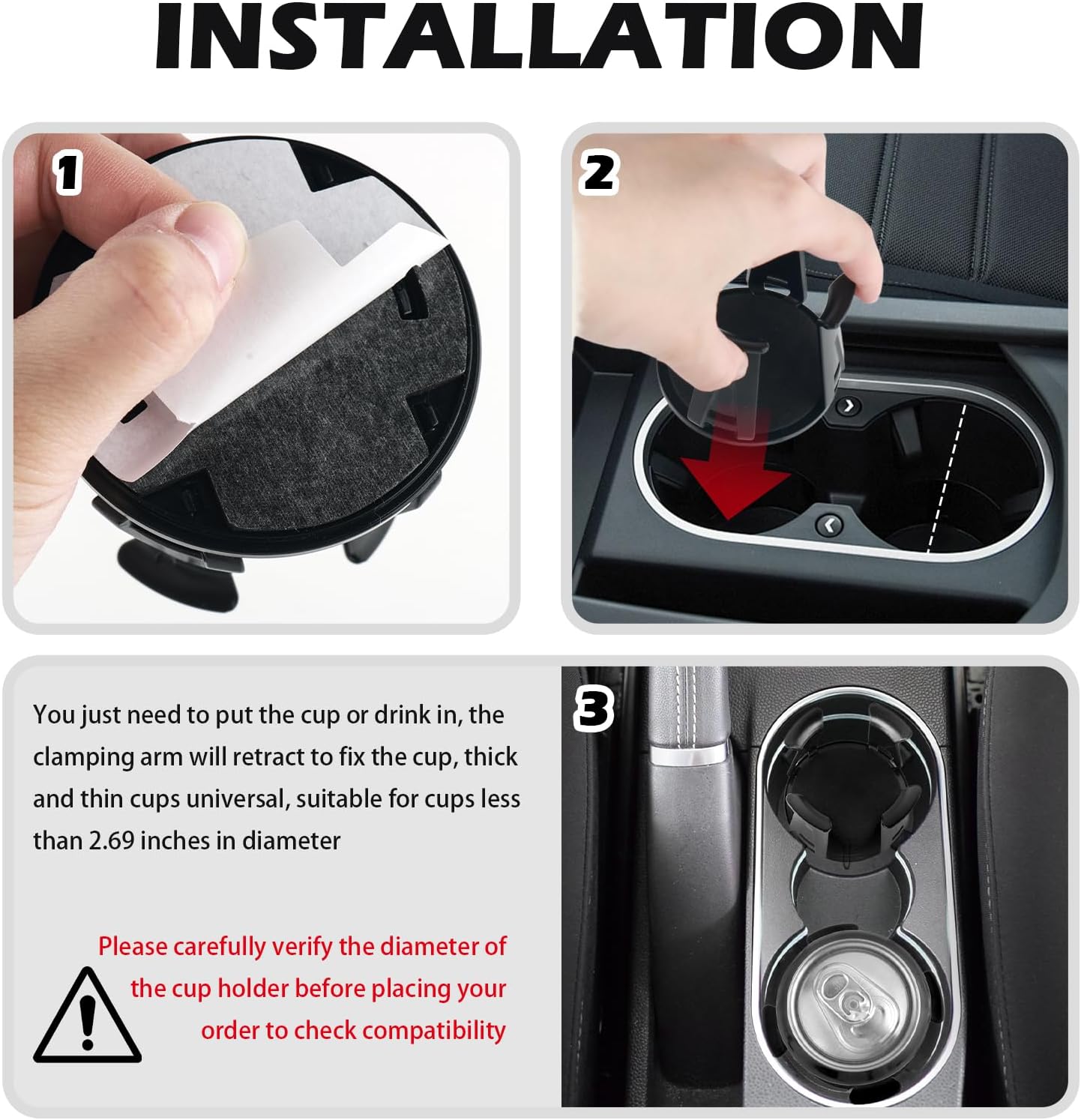 Provides step-by-step instructions for installing a cup holder in a vehicle, demonstrating the ease of use and compatibility with various cup sizes.
