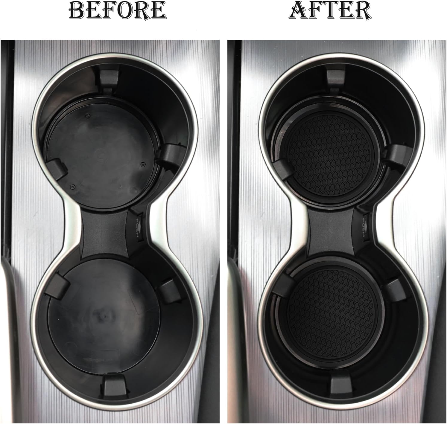 Demonstrates the transformation of a car's cup holders by installing non-slip liners, showing improved functionality and aesthetics.