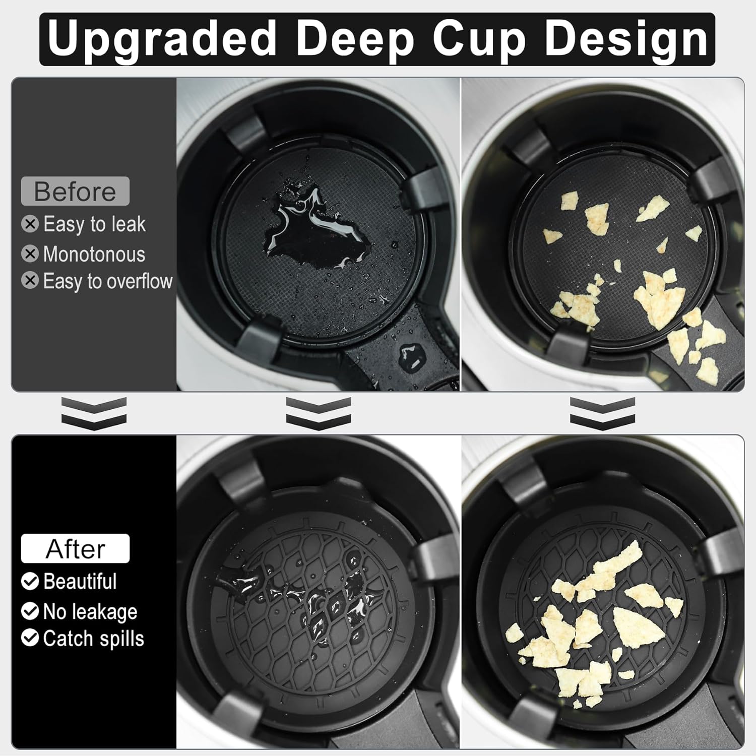 Demonstrates the improved functionality of the new cup design, highlighting its ability to prevent leaks and spills compared to the old design.