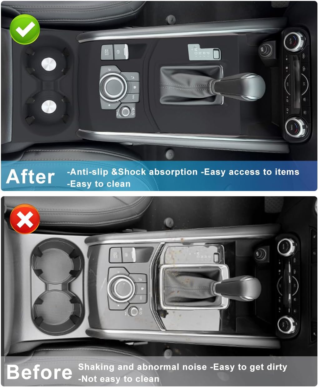 Demonstrates the improvement in the car's interior after installing an anti-slip, shock-absorbing surface that's easy to clean and access.