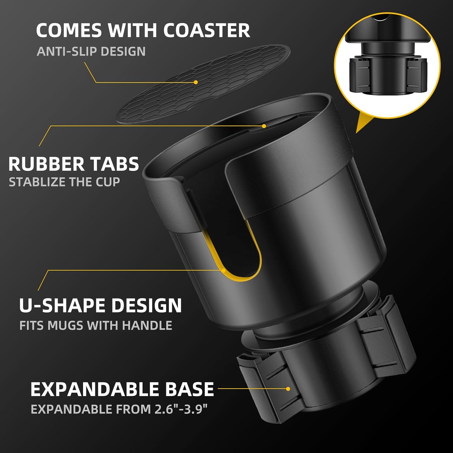 Highlights the key design elements of the cup holder to demonstrate its functionality and versatility.
