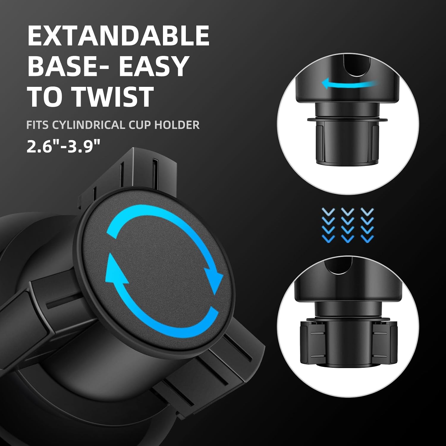 Highlights the product's adjustable base that can fit different cup holder sizes, emphasizing ease of use and versatility.