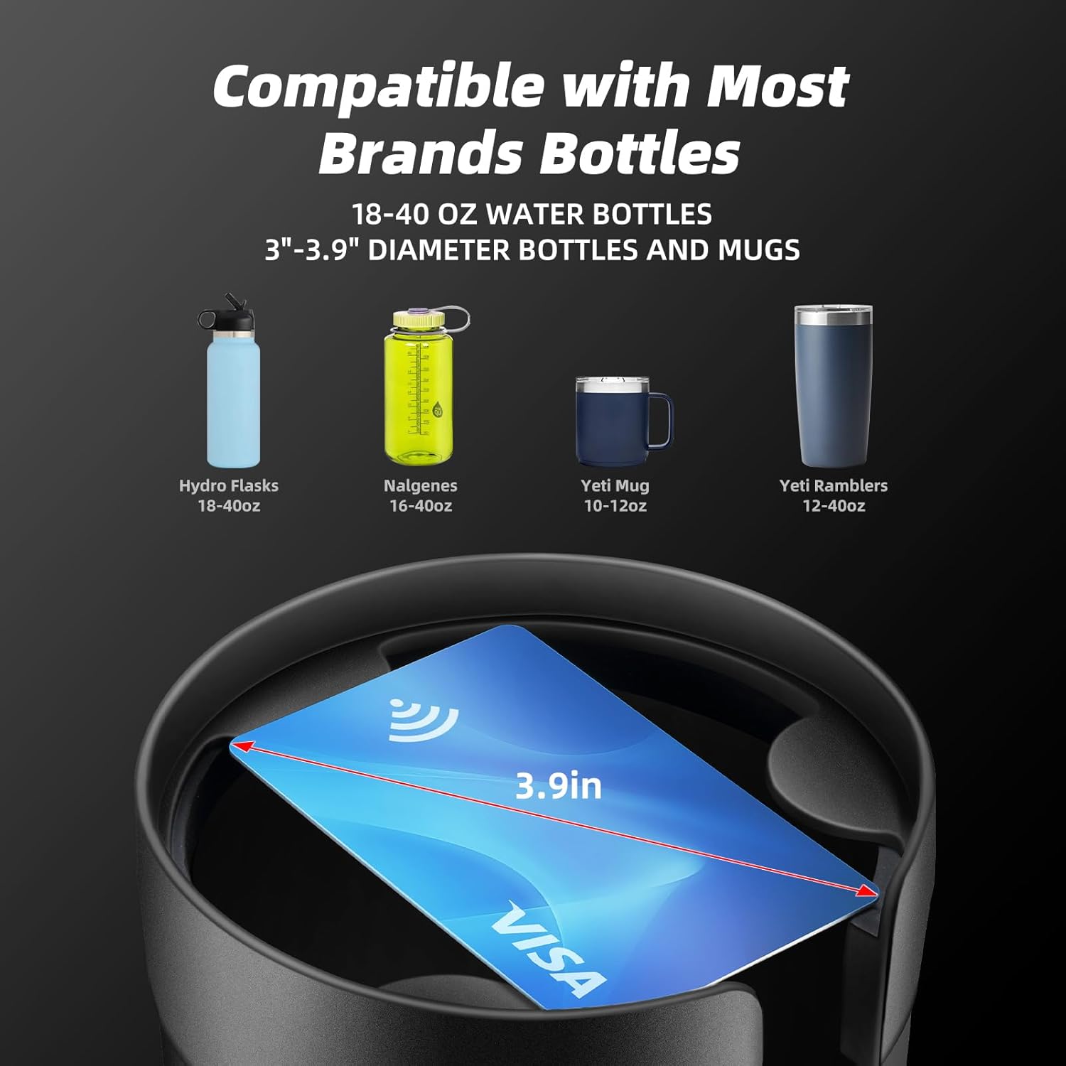 Demonstrates the product's compatibility with a wide range of popular water bottle brands and sizes, reassuring customers it will work with their existing bottles.