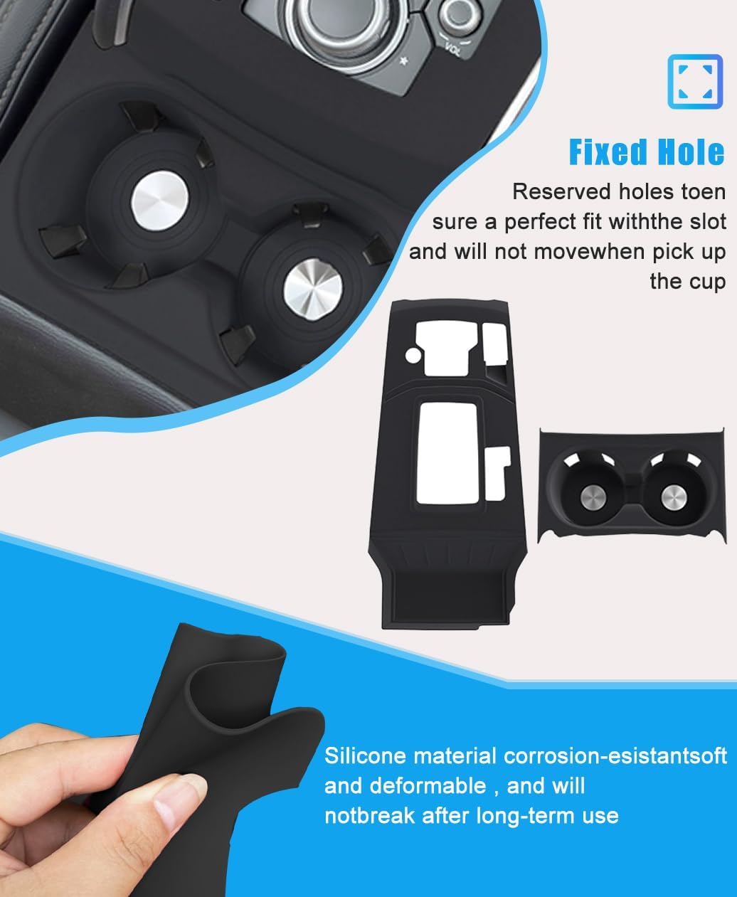 Highlights the product's fixed hole design for a secure fit and durable silicone material for long-term use. Emphasizes how the product ensures a perfect fit with the car's cup holder slot and won't…