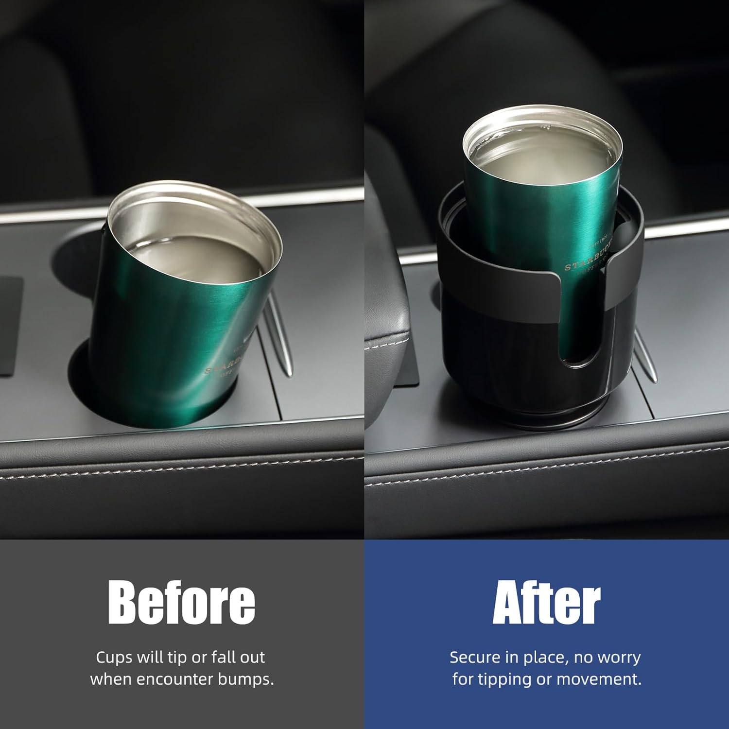 Demonstrates how the product secures cups in place, preventing tipping or falling during bumpy rides.