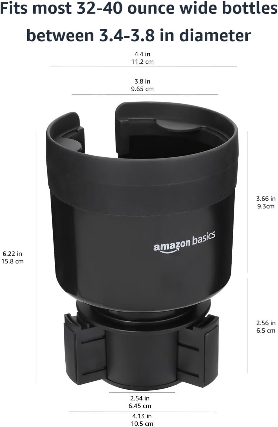Provides exact dimensions and compatibility information for the cup holder, helping shoppers understand if it will fit their specific bottles and vehicle cup holders.