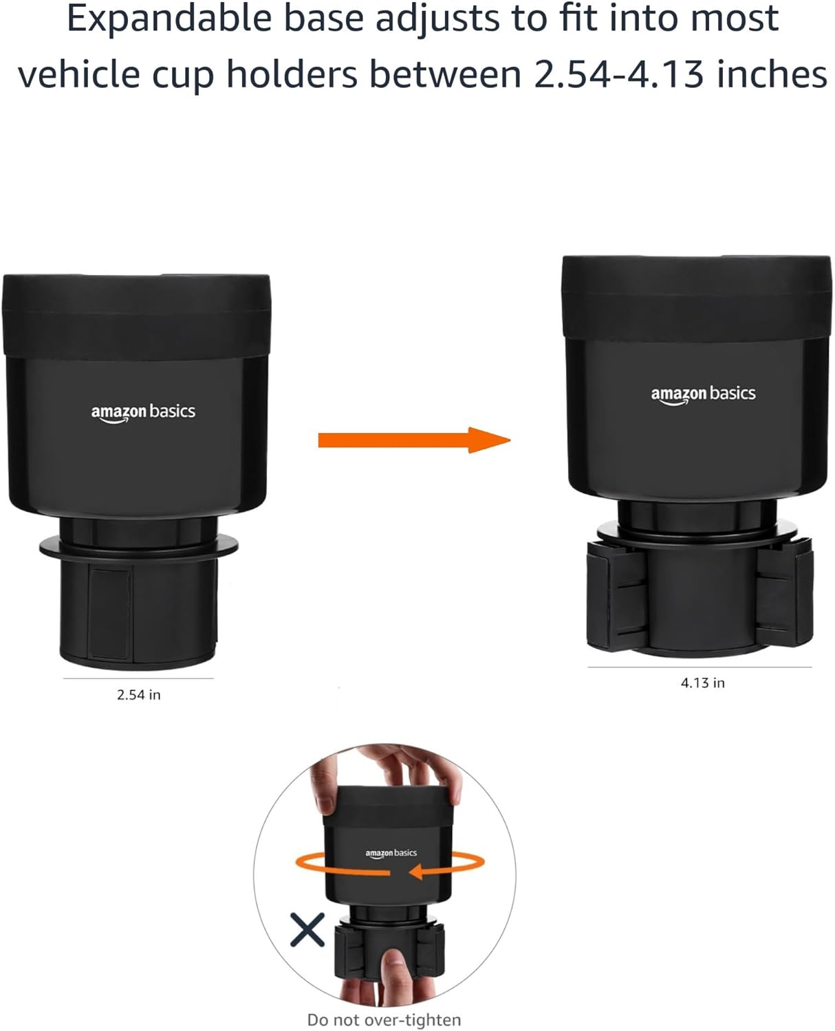 Demonstrates the product's expandable base that can fit various cup holder sizes, providing versatility for different vehicles.