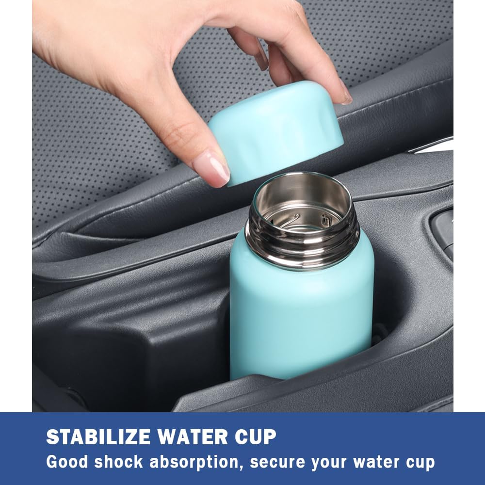 Demonstrates how the product stabilizes a water cup in a car cup holder, highlighting its shock absorption capability.