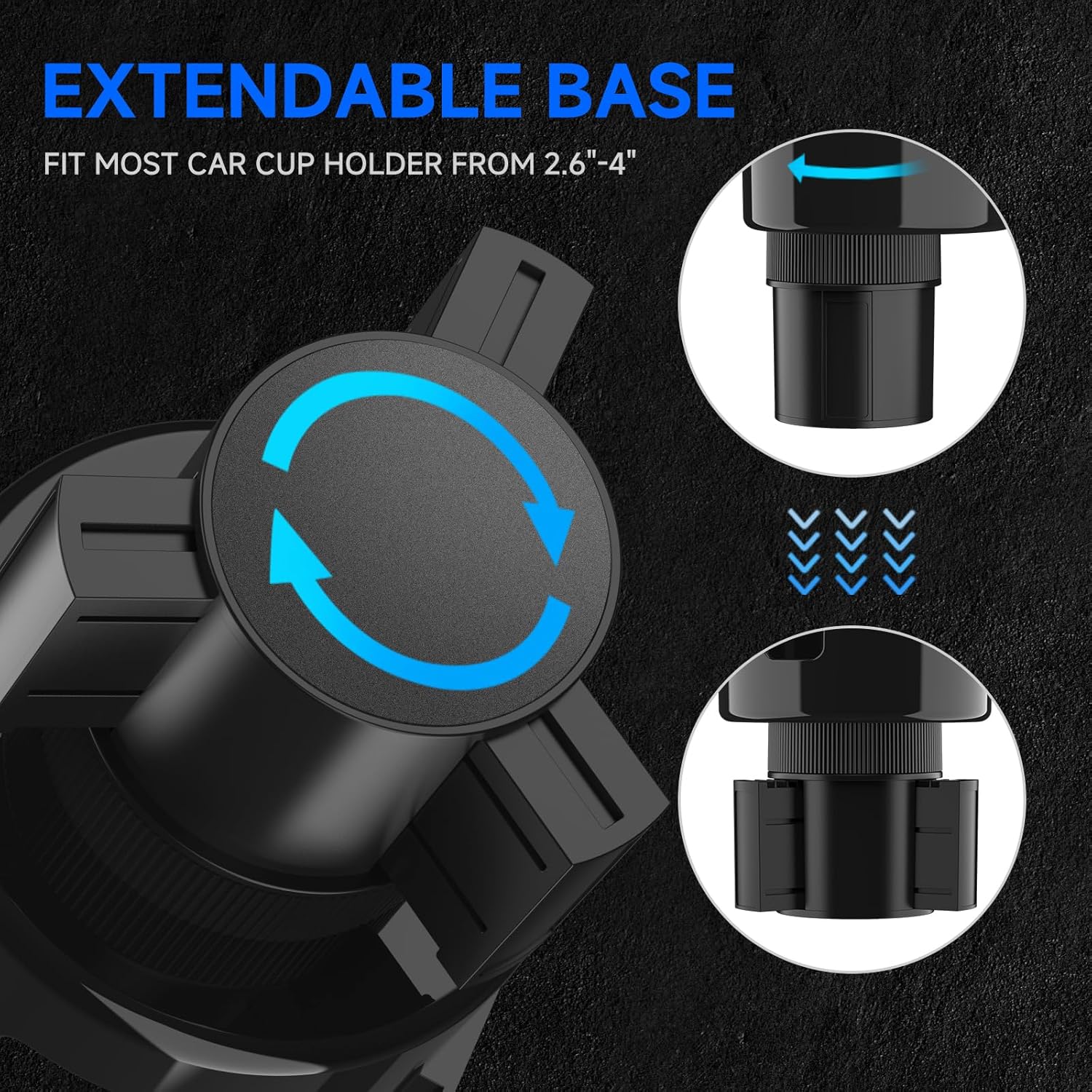 Highlights the product's adjustable base that can fit most car cup holders, demonstrating its versatility and compatibility.