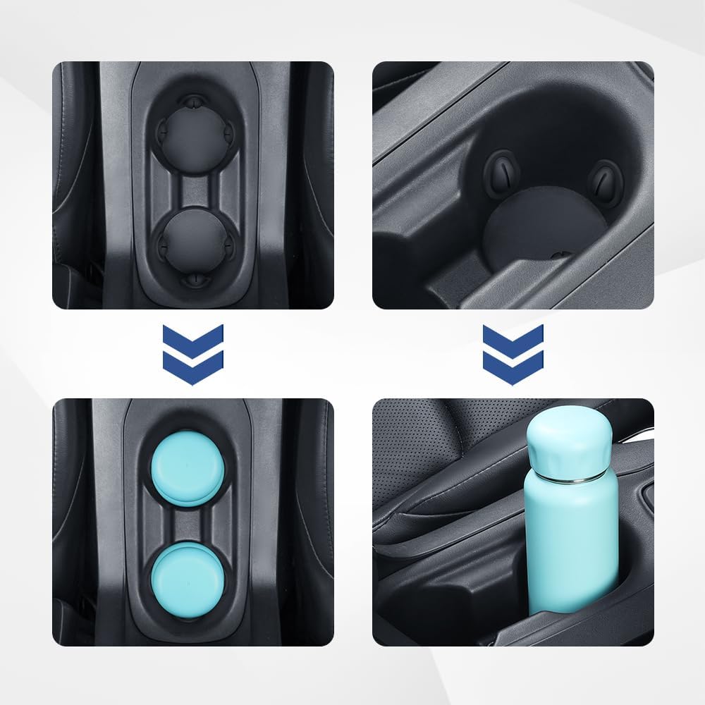 Highlights the car's interior storage features, specifically the cup holders and compartments, to show their functionality and design.