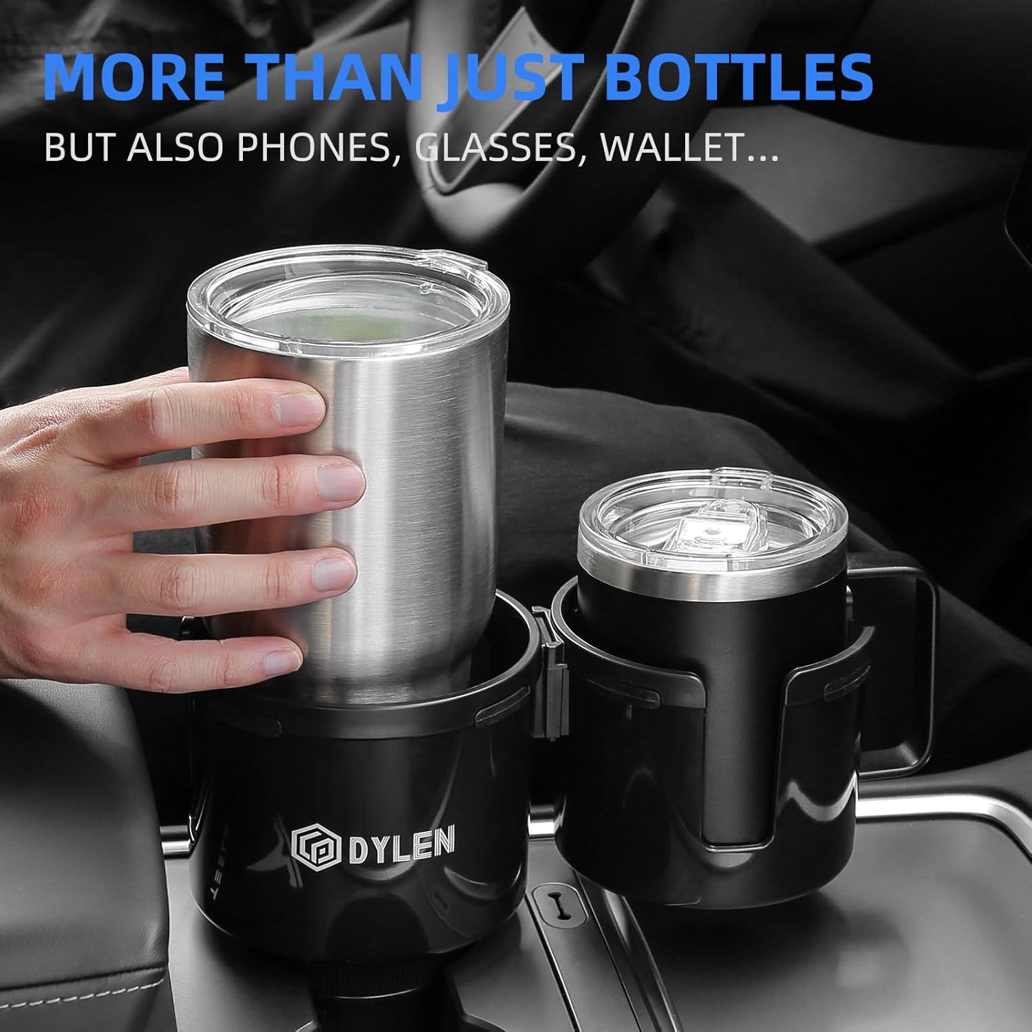 Demonstrates that the product can hold various items beyond just bottles, such as phones, glasses, and wallets, highlighting its versatility in a car setting.