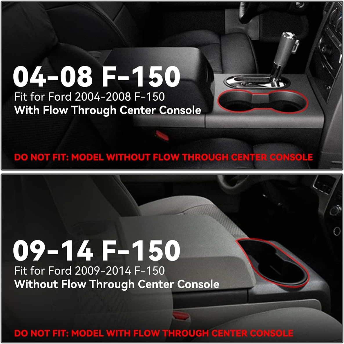 Clarifies which specific Ford F-150 model years and console configurations the product is compatible with, preventing incorrect purchases.