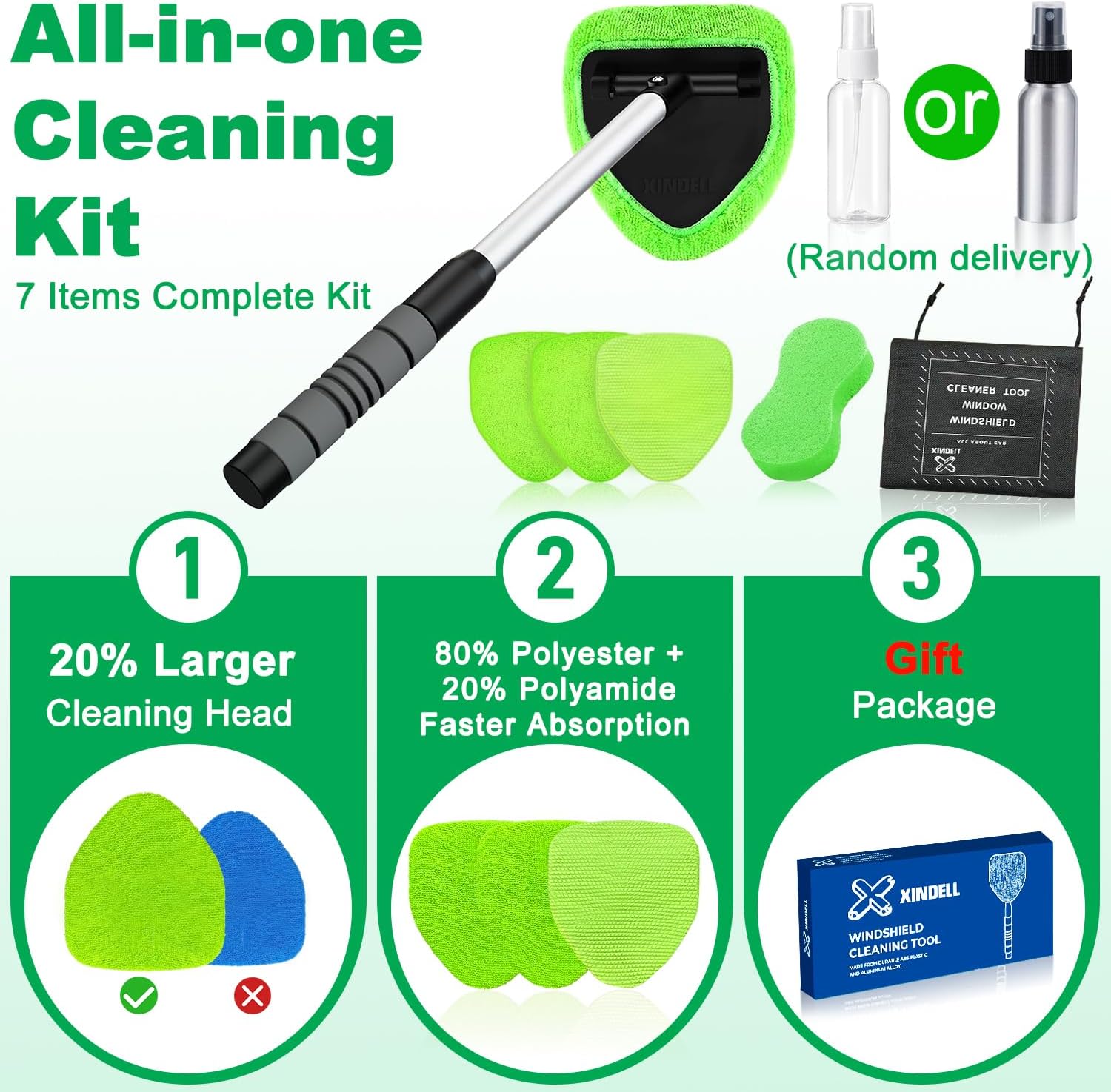 Shows all the items included in the cleaning kit to demonstrate value and comprehensiveness. Highlights multiple key features of the cleaning kit to showcase its advantages over other products.