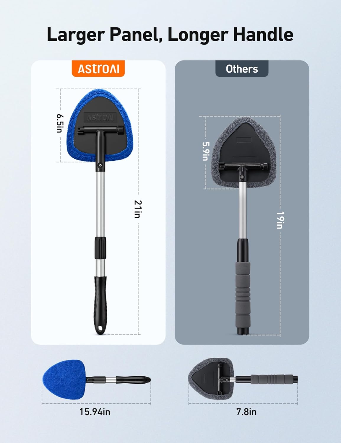 Demonstrates the superior size and reach of the AstroAI product compared to other brands, highlighting its larger cleaning surface and extended handle for better usability.