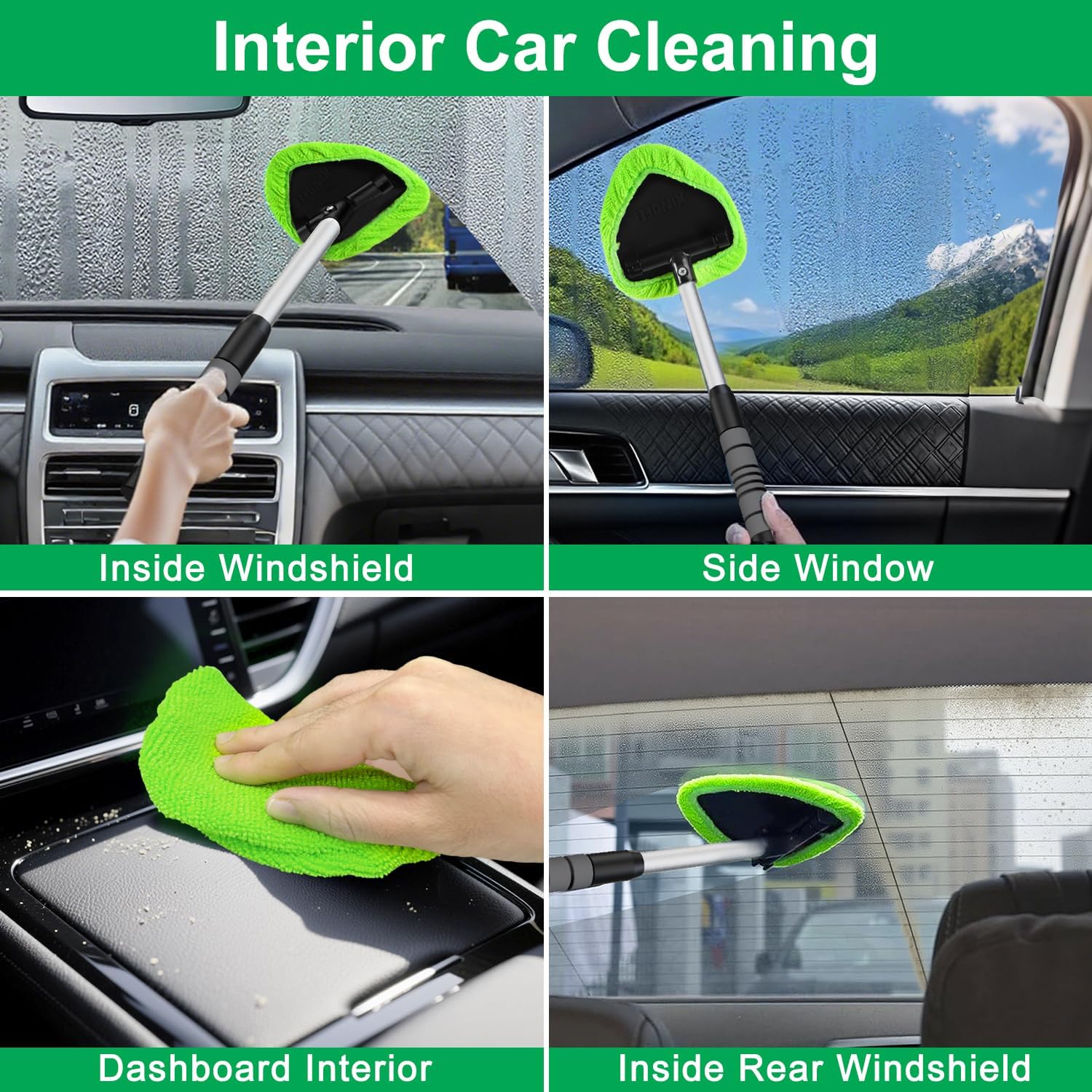 Demonstrates how to use the product to clean different areas inside a car, including windows, dashboard, and windshields. Shows the versatility of the product by illustrating its use on various car…