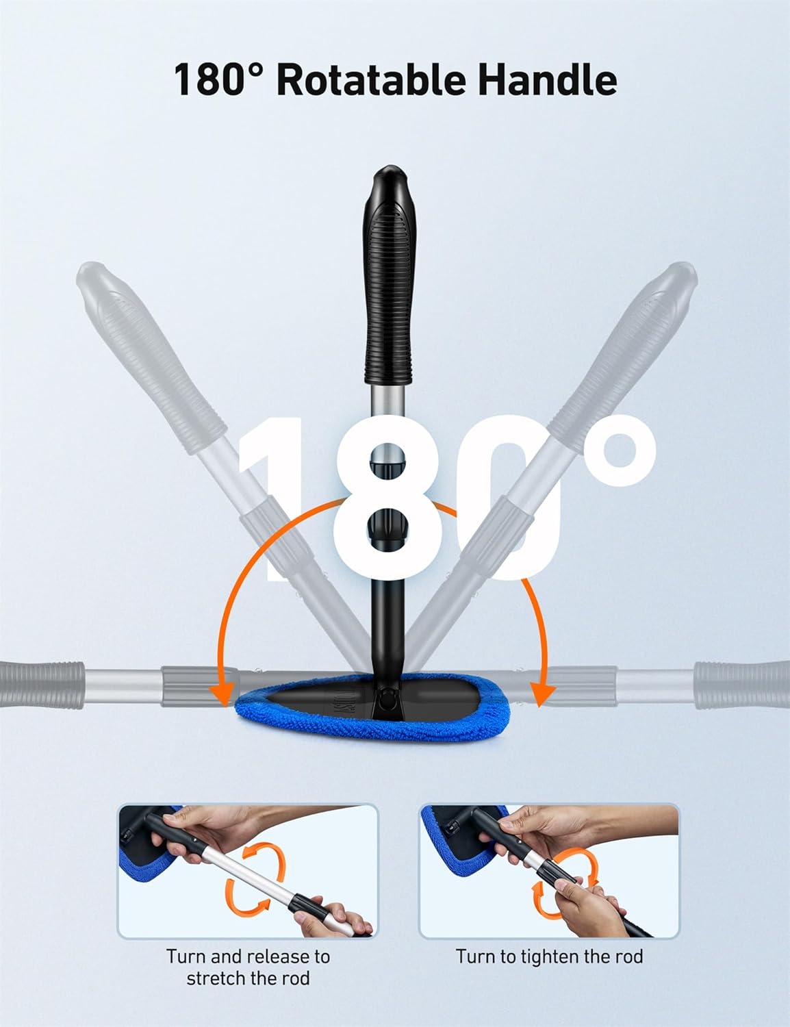 Demonstrates the product's flexible handle that can rotate 180 degrees, allowing for easier cleaning in hard-to-reach areas.