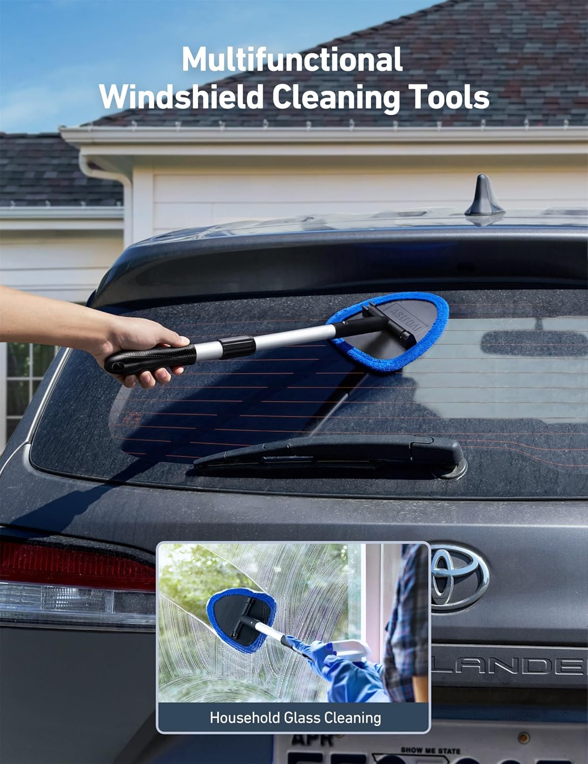 Demonstrates the versatility of the cleaning tool for both car windshields and household glass surfaces.