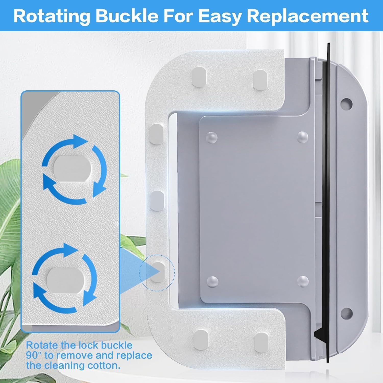 Highlights the product's rotating buckle feature for easy replacement of cleaning cotton, emphasizing convenience and user-friendliness.