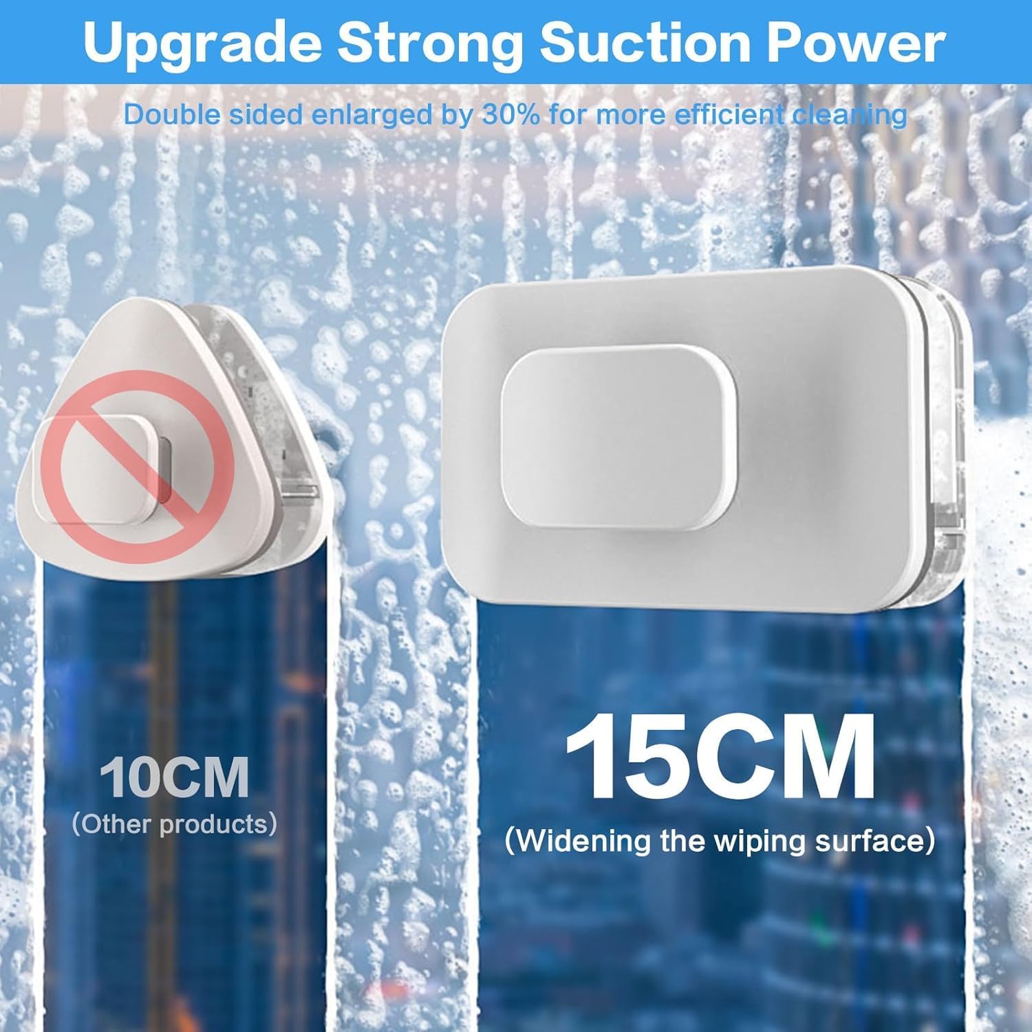Highlights the product's improved suction power and larger cleaning surface for more efficient cleaning.