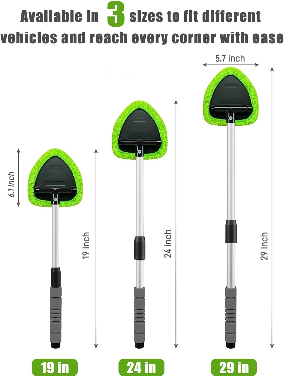 Shows the different size options available for the product to fit various vehicles and reach all areas easily.