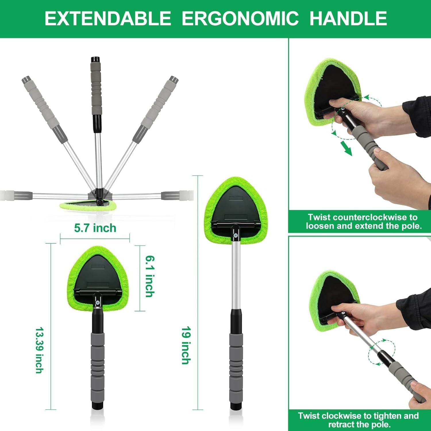 Demonstrates how to extend and retract the ergonomic handle, highlighting the product's adjustable design for user comfort. Provides exact measurements of the product's components to give shoppers a…