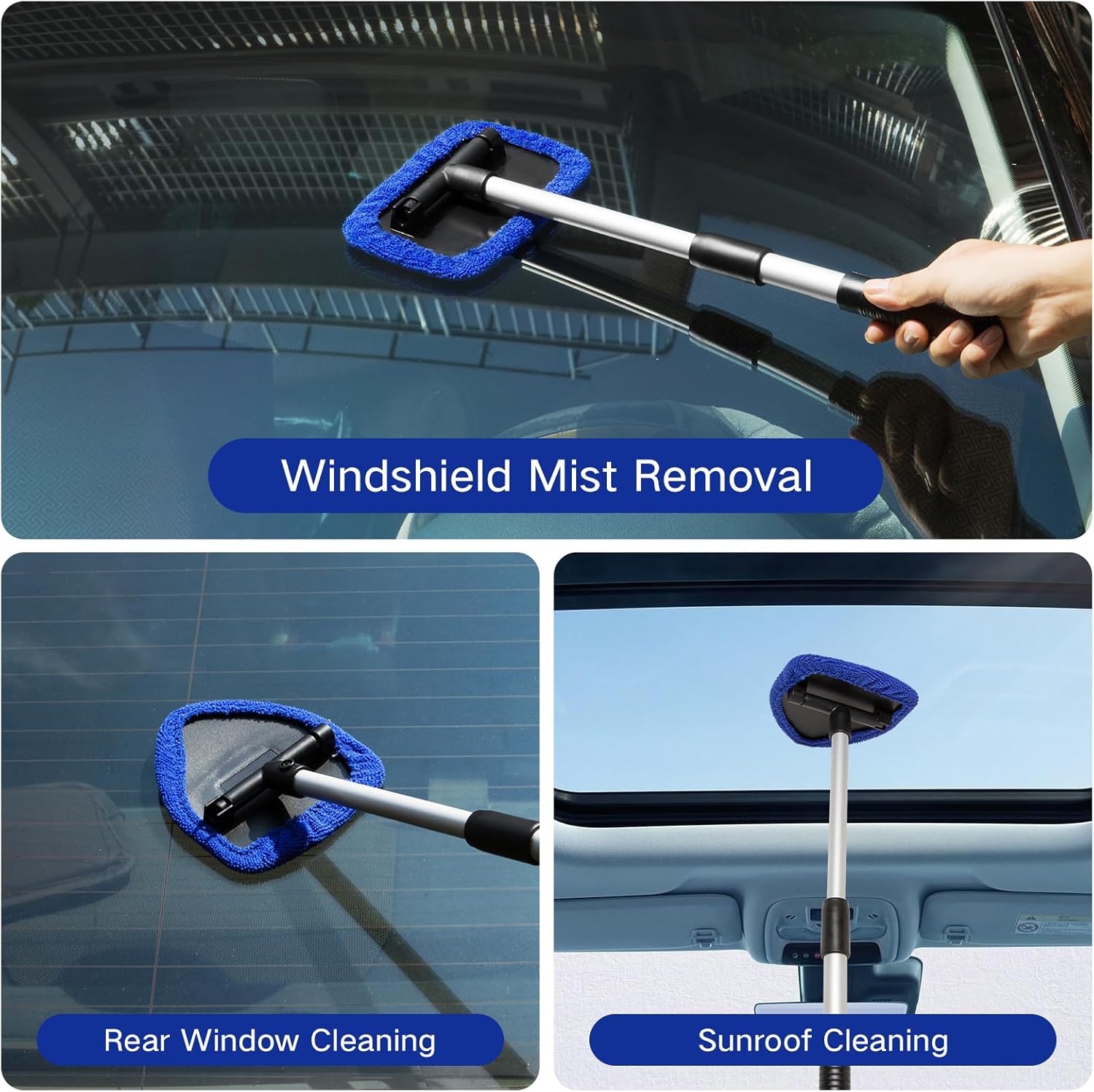 Demonstrates the versatility of the product for cleaning different areas of a car's windows and glass surfaces.