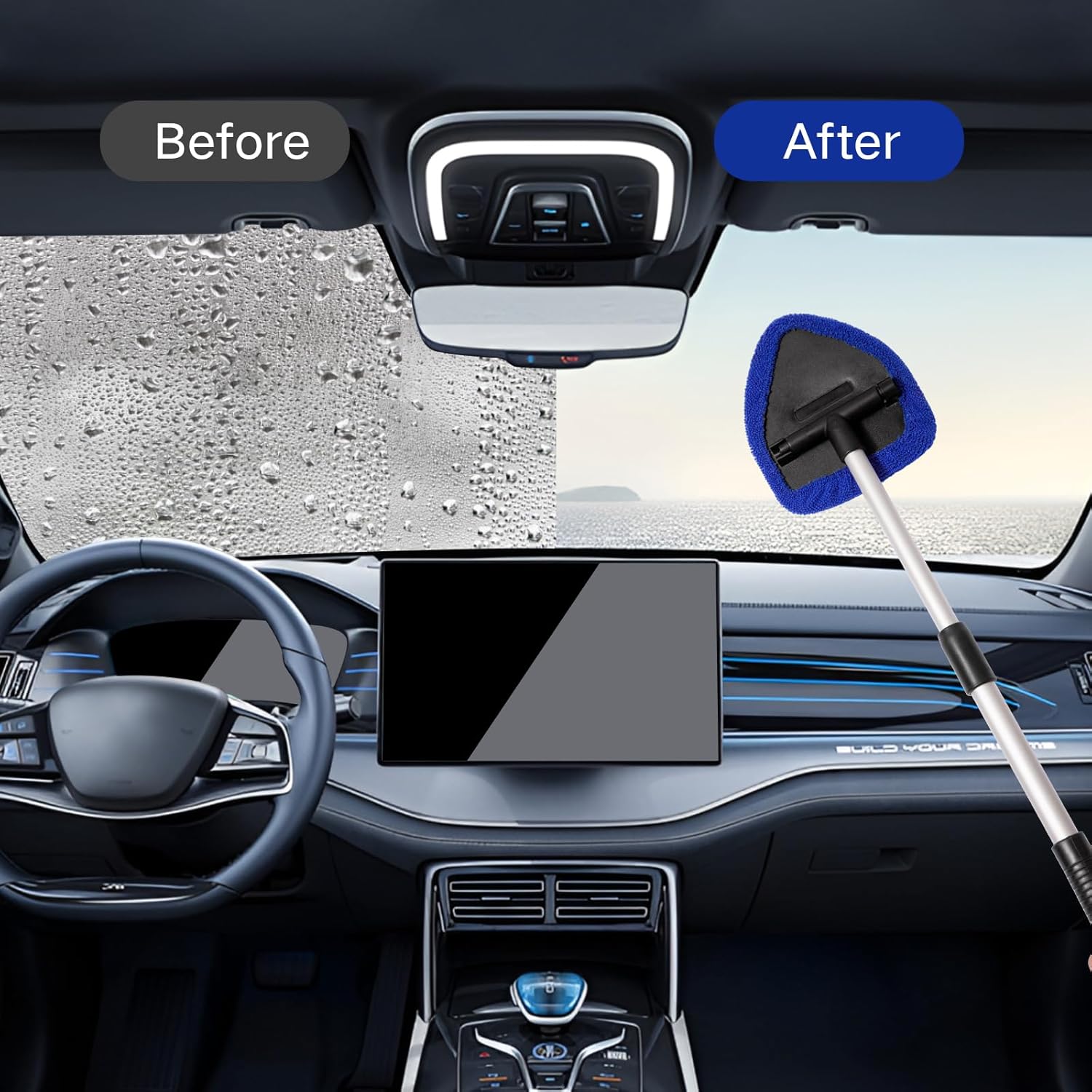 Demonstrates the effectiveness of the product in clearing foggy or water-covered windshields, improving visibility and safety while driving.