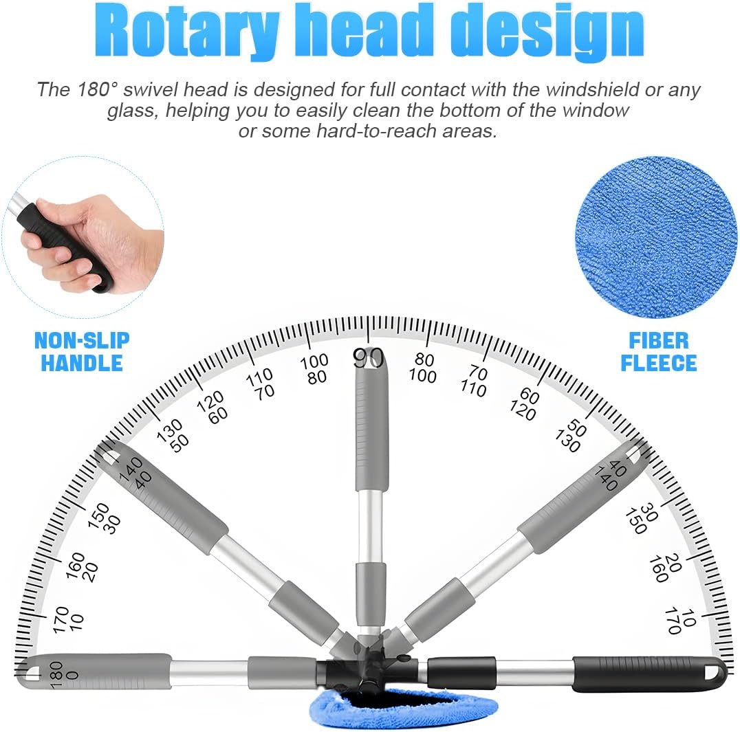 Highlights the product's 180-degree swivel head design, emphasizing its ability to clean hard-to-reach areas and provide full contact with surfaces.