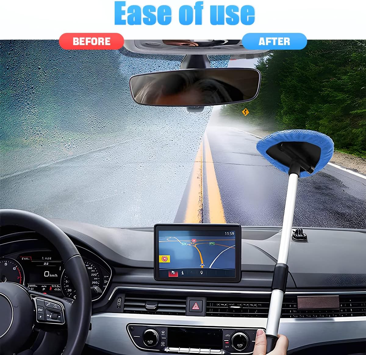 Demonstrates the effectiveness of the product in improving visibility while driving in rainy conditions. Shows how simple it is to use the product to clean the windshield, improving driver safety.