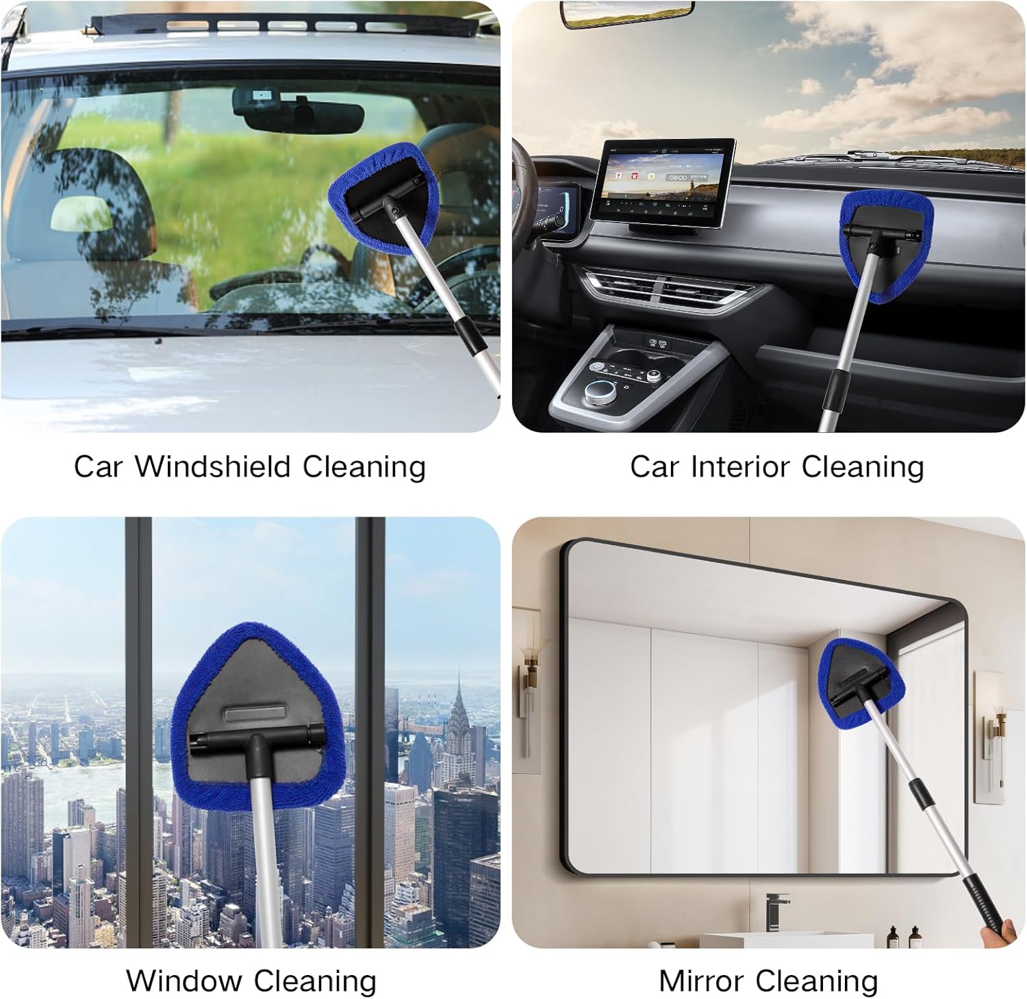 Demonstrates the versatility of the cleaning tool by showing its use on different surfaces like car windshields, car interiors, windows, and mirrors.