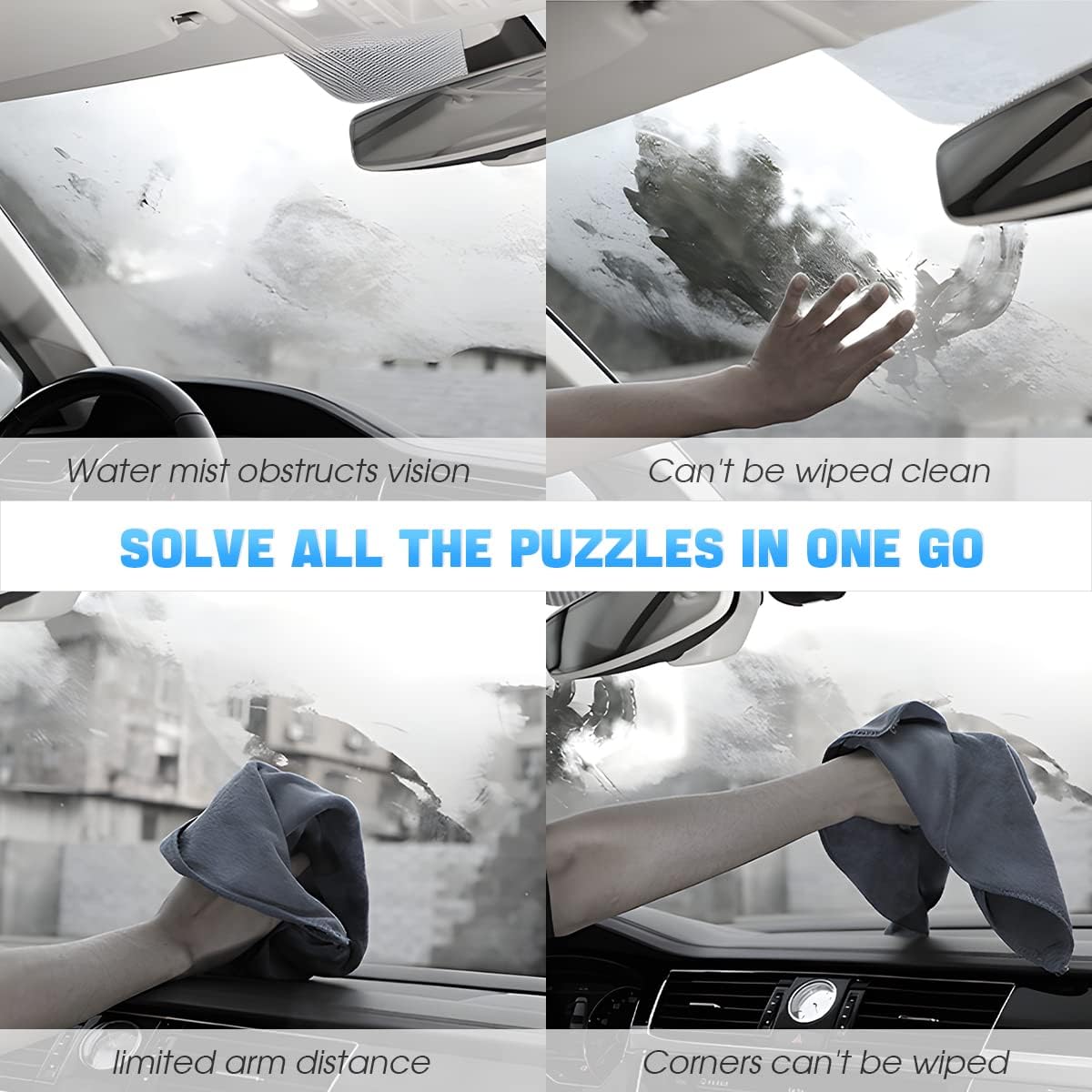 Highlights the challenges of cleaning a car windshield, showing various issues like water mist, limited reach, and hard-to-clean corners. Demonstrates common problems encountered when cleaning a car…