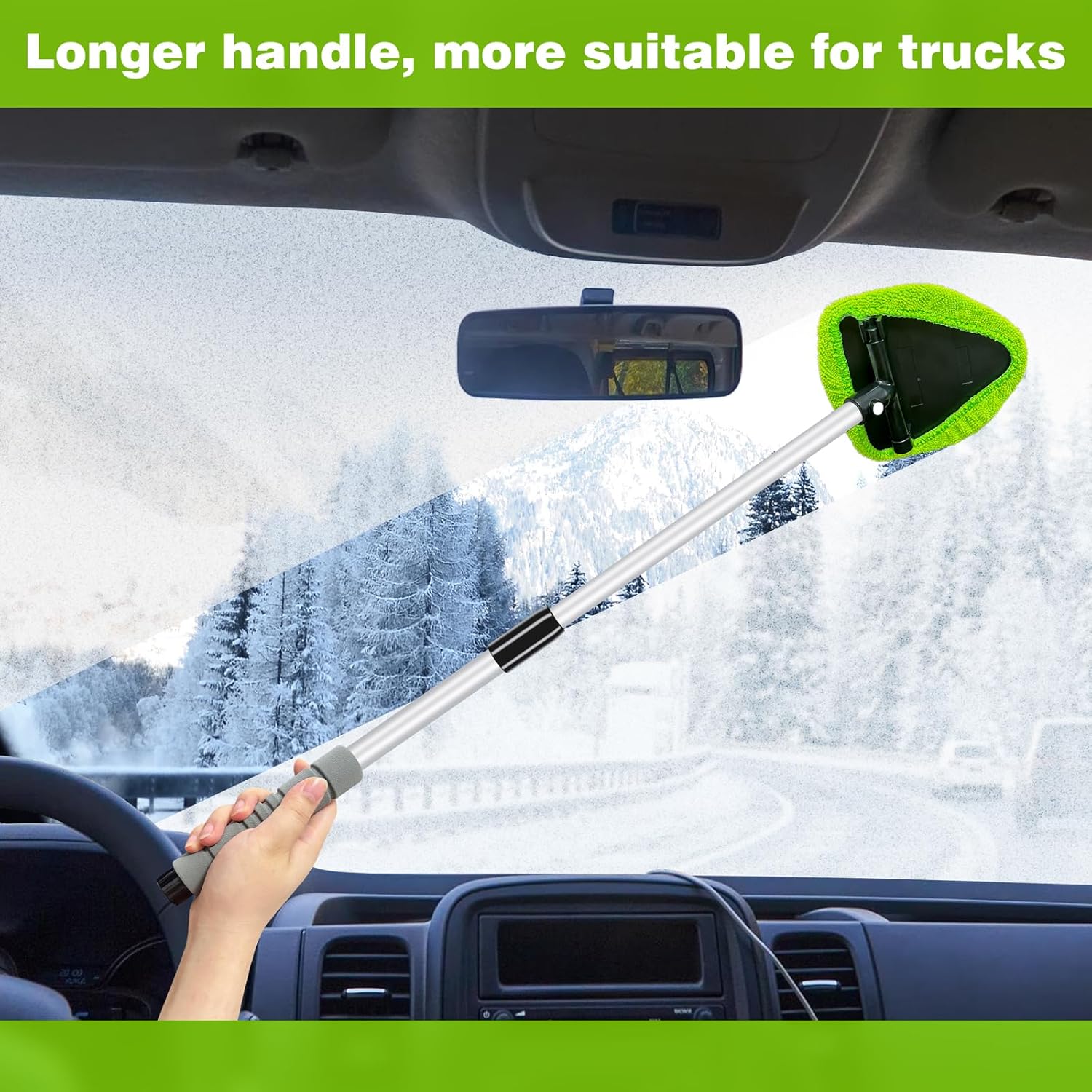 Highlights the product's longer handle design, making it more suitable for use in trucks and larger vehicles.