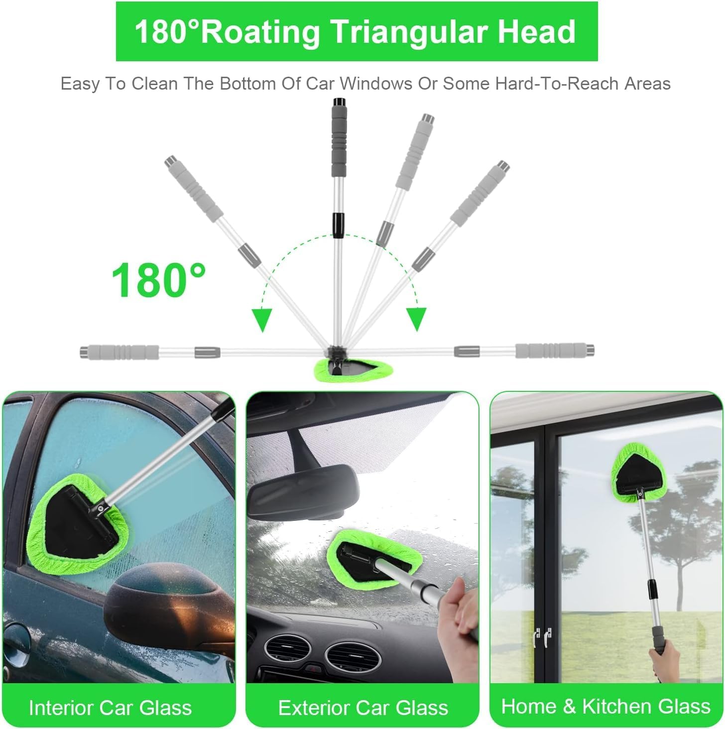 Demonstrates how the product's rotating head allows for easy cleaning of hard-to-reach areas like car windows. Shows multiple use cases for the product, including cleaning car windows and home glass…