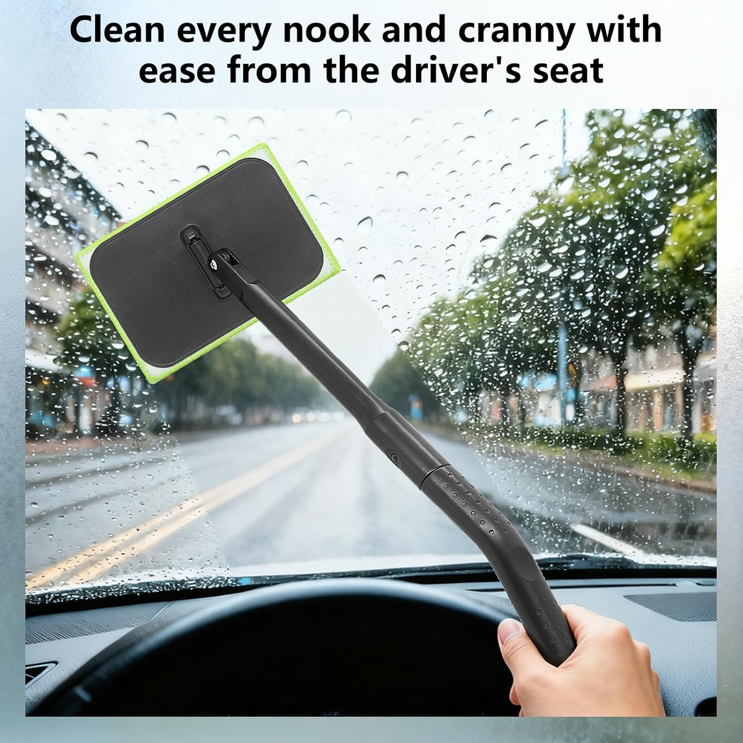 Demonstrates how the product allows for easy cleaning of hard-to-reach areas in a car from the driver's seat.