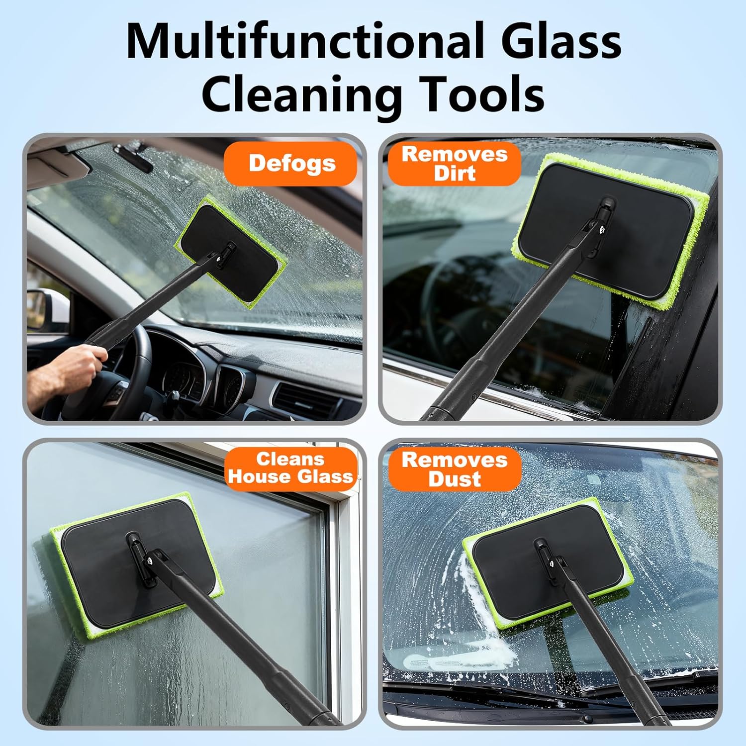 Showcases the versatility of the glass cleaning tool by demonstrating its multiple applications for different cleaning tasks. Illustrates the various surfaces and environments where the cleaning…