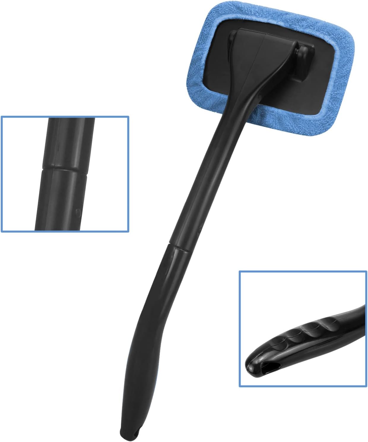 Demonstrates the product's extendable handle feature and microfiber cleaning pad, showing how it can be used to clean hard-to-reach areas.