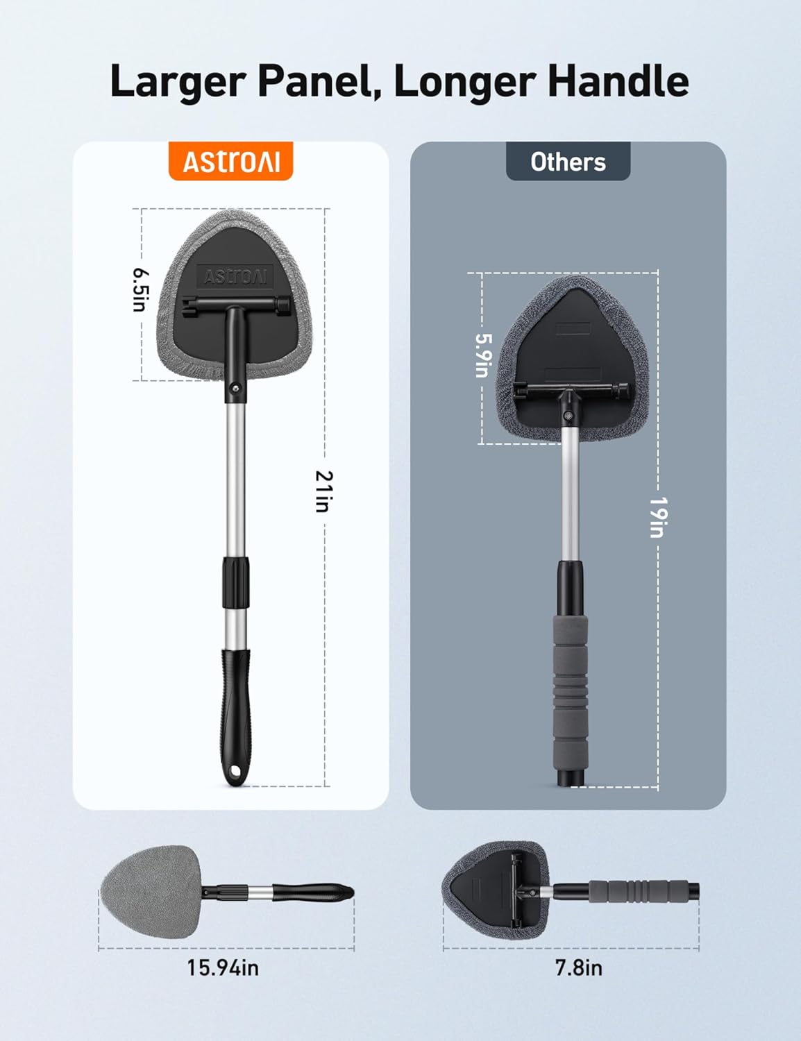Demonstrates the superior size and reach of the AstroAI product compared to other brands, highlighting its efficiency for cleaning larger areas.