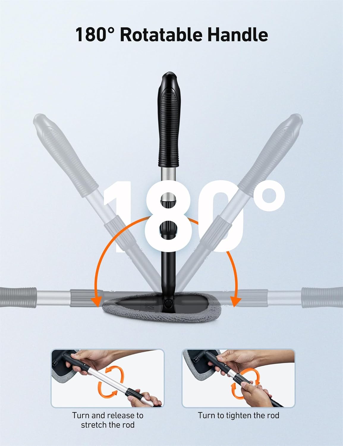 Demonstrates the product's flexible handle that can rotate 180 degrees, allowing for easier maneuverability and use in different positions.