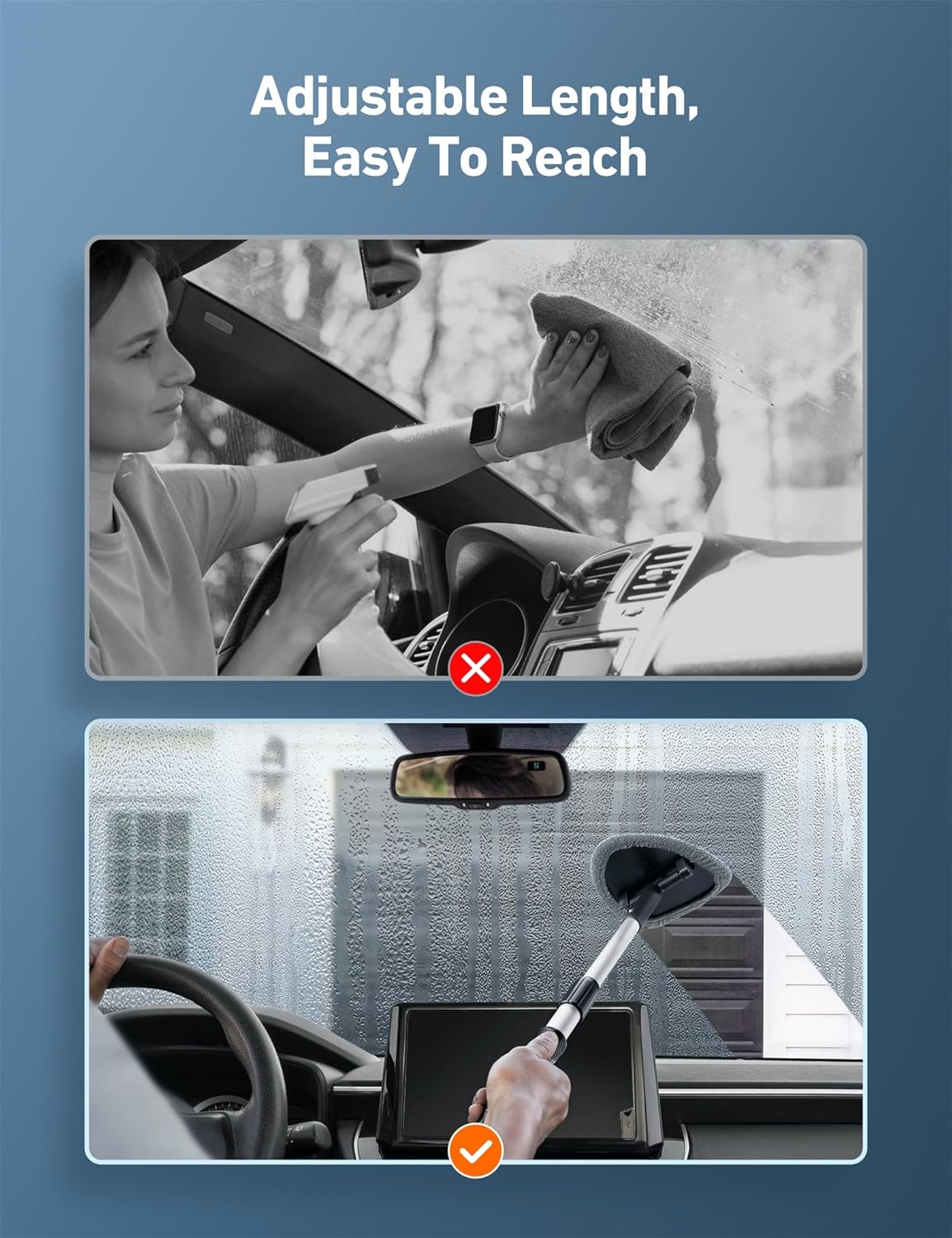 Highlights the product's adjustable length feature, making it easy to reach and clean car windows.