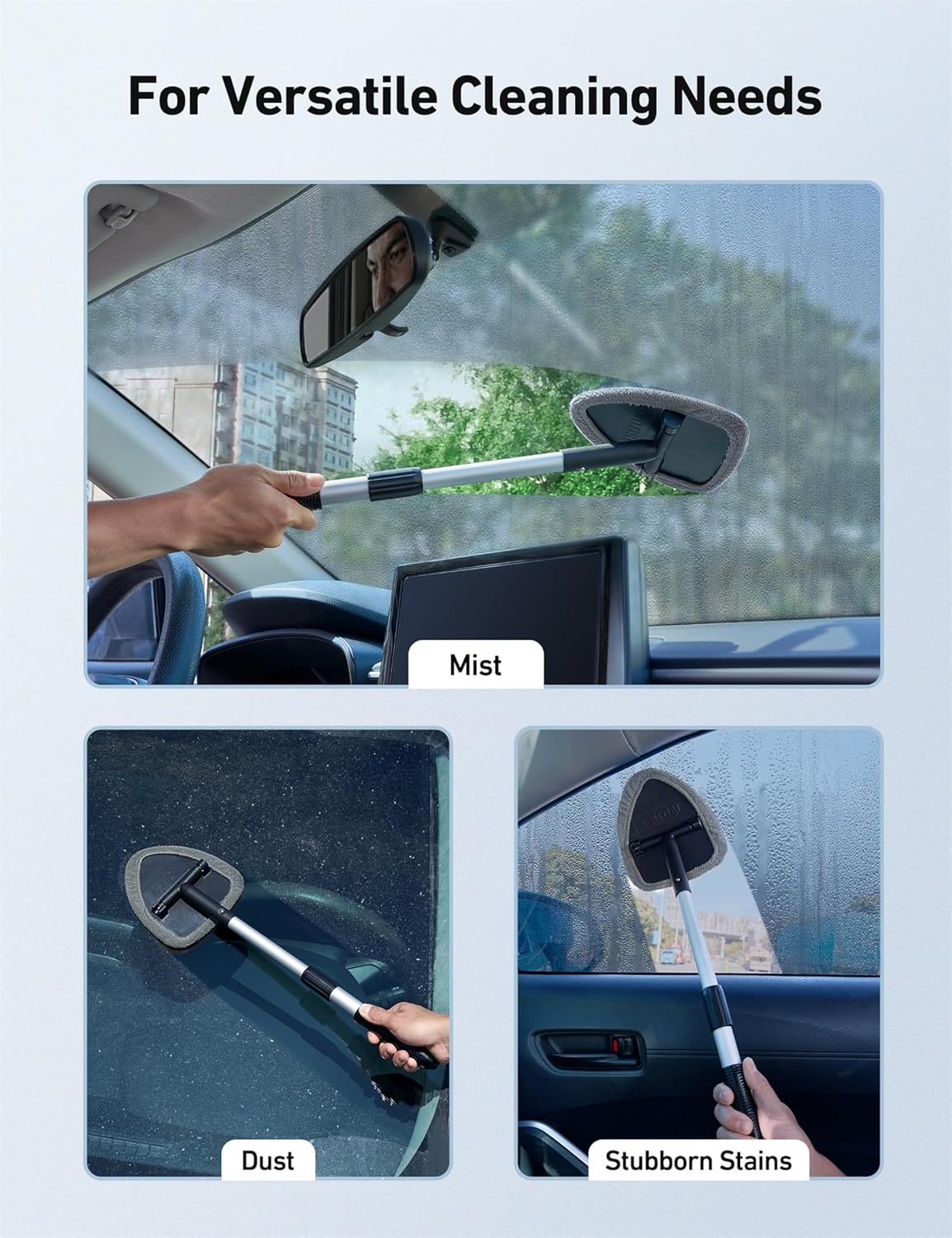 Demonstrates the product's ability to clean different surfaces and types of dirt in a car, showcasing its versatility for various cleaning needs.