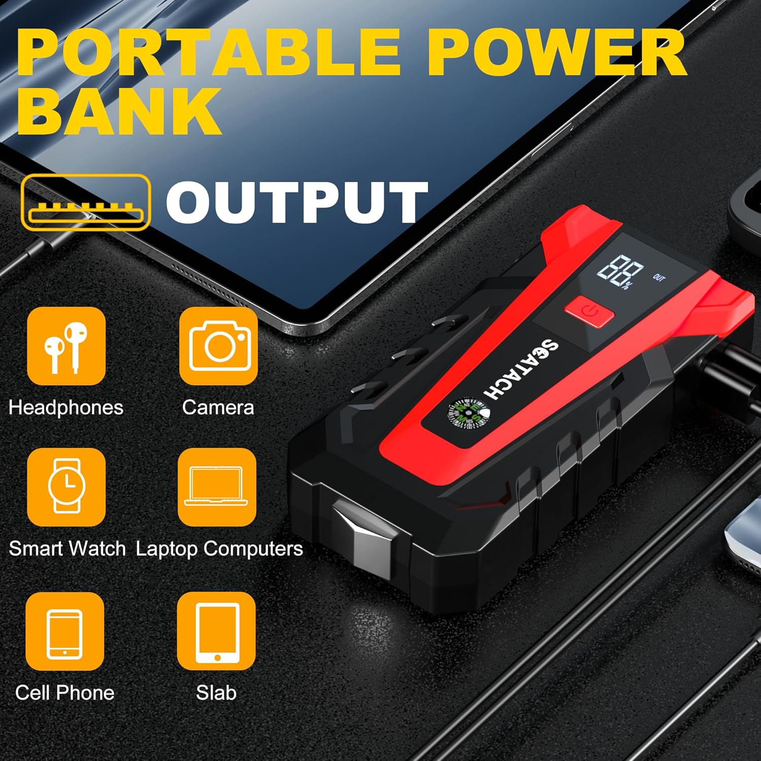 Showcases the versatility of the portable power bank by illustrating its compatibility with various electronic devices. Highlights the power bank's ability to charge multiple types of devices and…